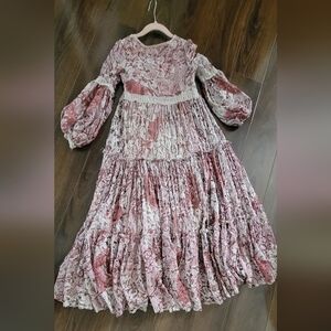 Joyfolie Pleated Pink and White Sundress with Bishop Sleeves